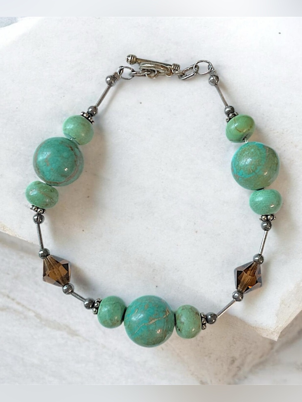 Vintage Sterling Silver Howlite Gemstone and Brown Crystal Beaded Bracelet 7.75”